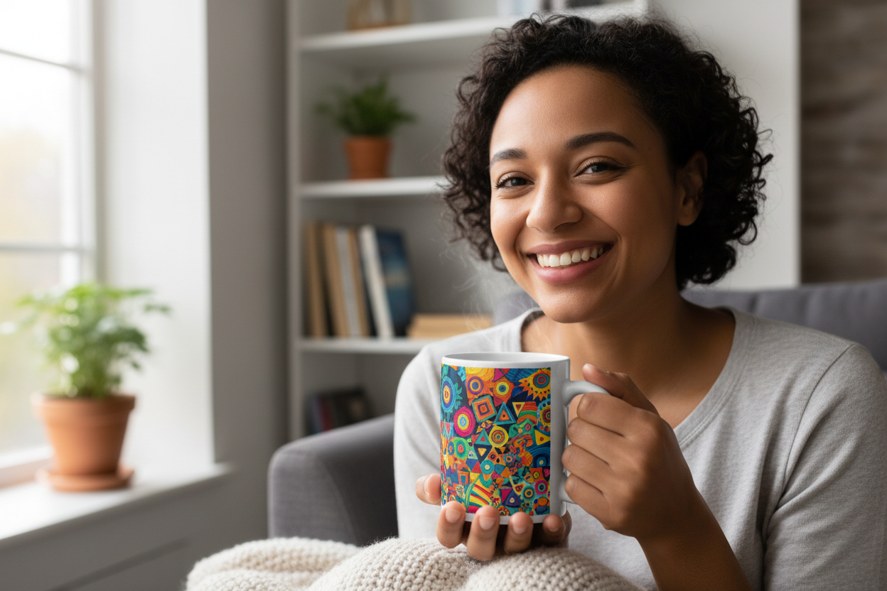 Make me a mockup of someone happy holding a mug that has custom printed graphics on it.