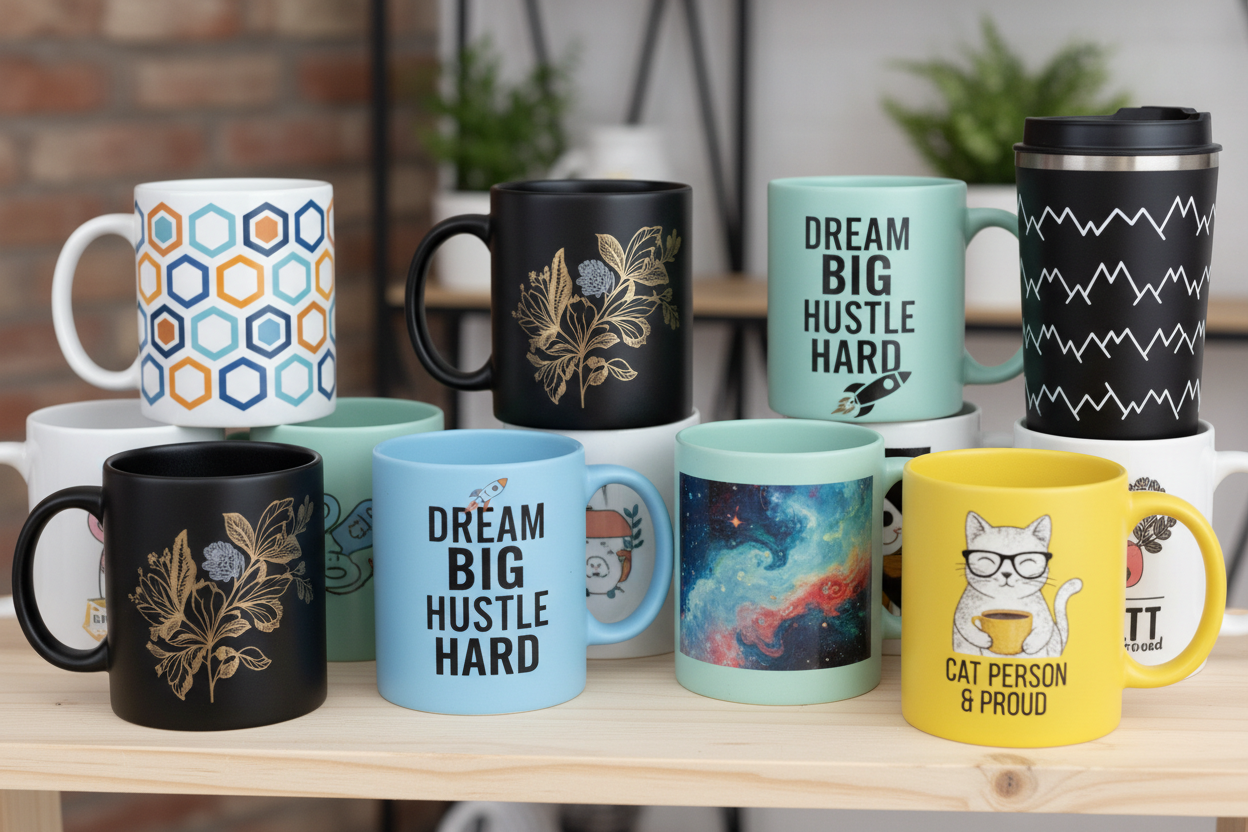 Prompt an images of various mugs that are custom printed